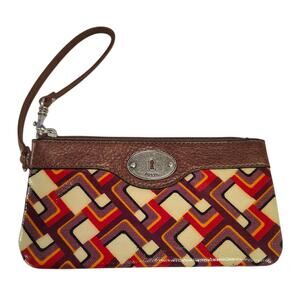 Fossil Key-Per Geometric Leather Wrist Strap Card Holder Wristlet Wallet Brown